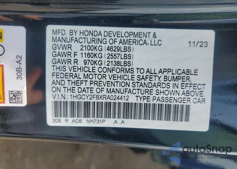 2024 Honda Accord Touring Hybrid from USA, damaged, VIN 1HGCY2F8XRA024412